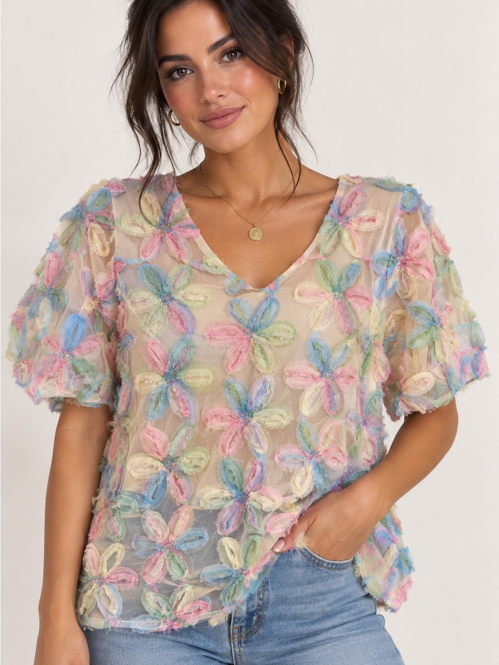 Umgee Pastel Multicolor Floral Sheer V-Neck Blouse